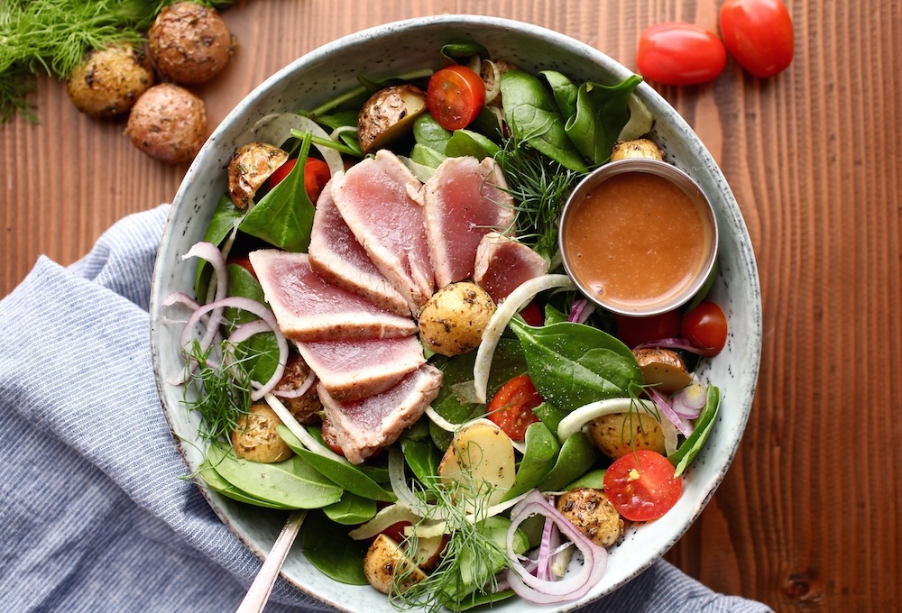 Ahi Tuna Winter Salad With Creamy Balsamic Dressing