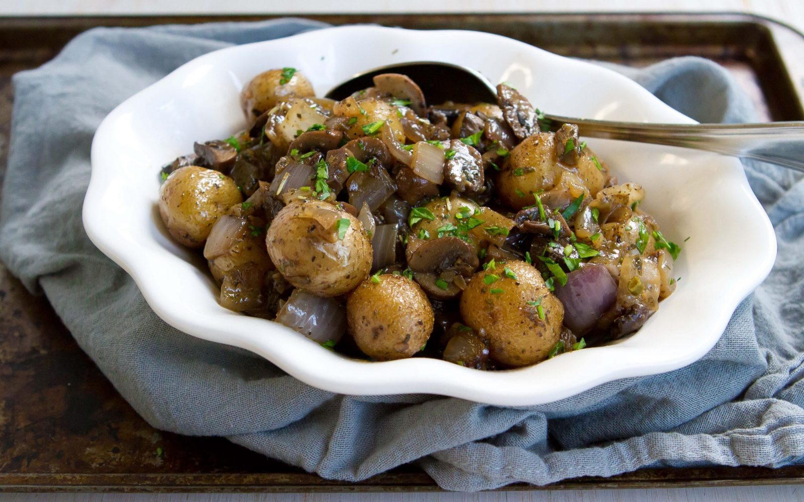 Grilled Potatoes with Rosemary, Mushrooms, and Onions