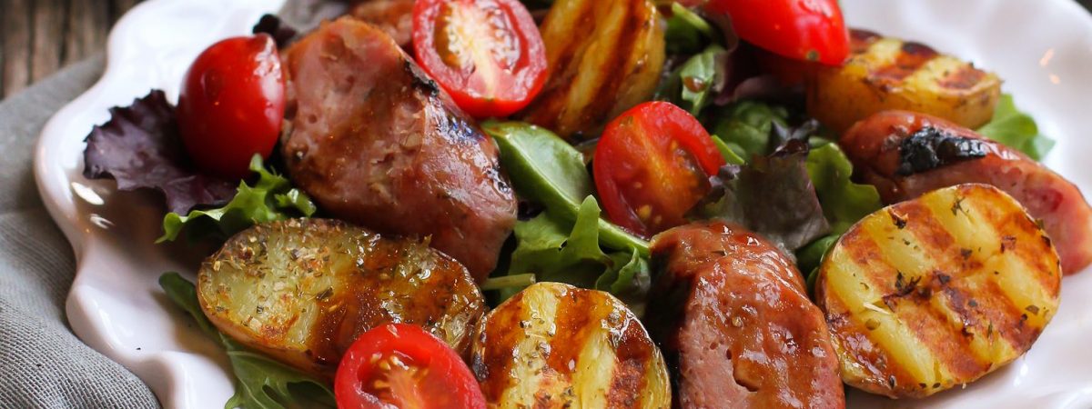 Grilled Sausage, Potato, and Mixed Green Salad