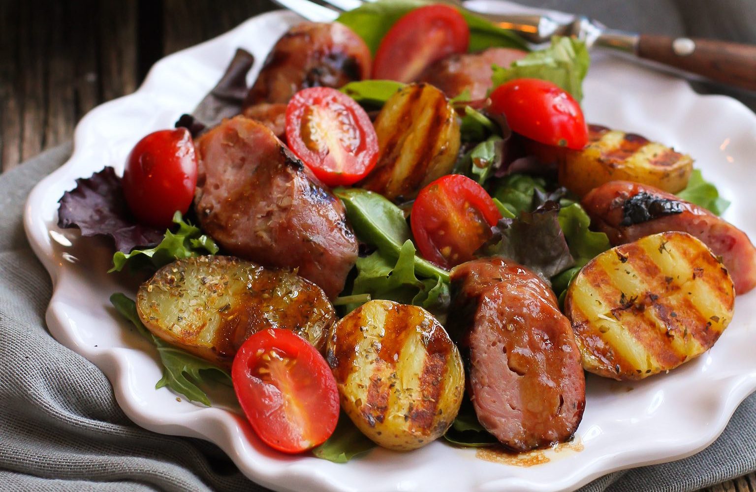 Grilled Sausage, Potato, and Mixed Green Salad