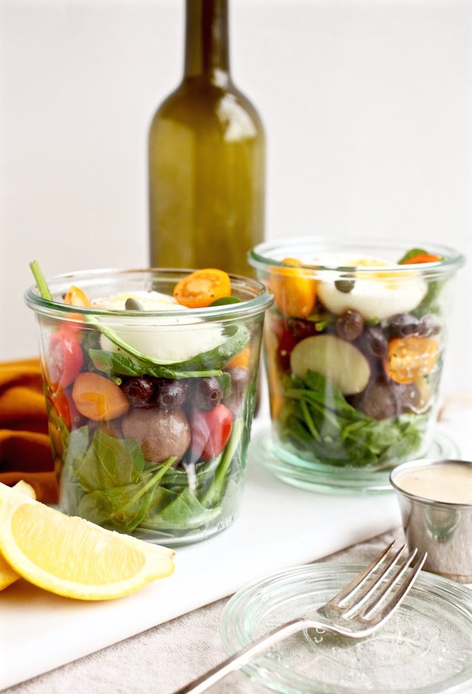 Healthy Niçoise Salad Jars with Roasted Garlic Lemon Dressing