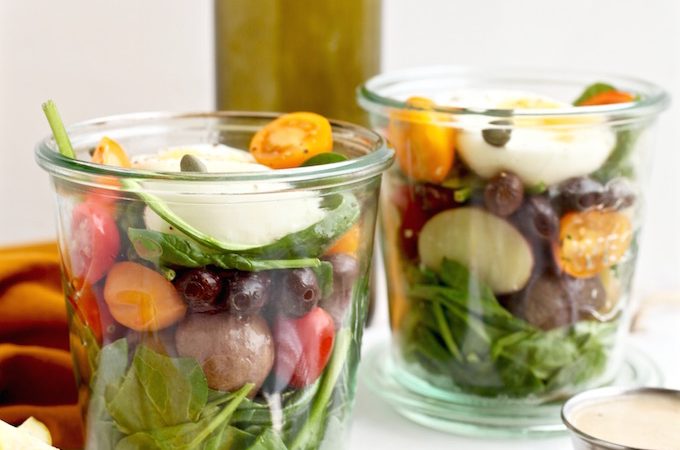 Healthy Niçoise Salad Jars with Roasted Garlic Lemon Dressing