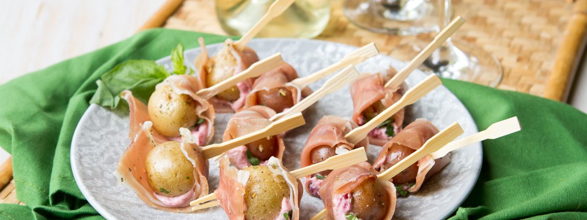 Prosciutto Potato Skewers with Cherry Goat Cheese