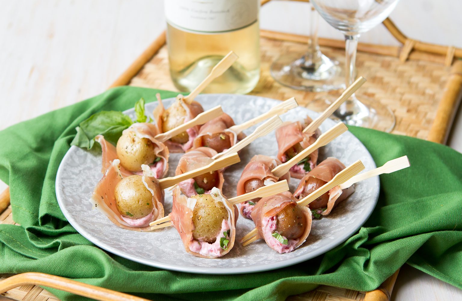 Prosciutto Potato Skewers with Cherry Goat Cheese