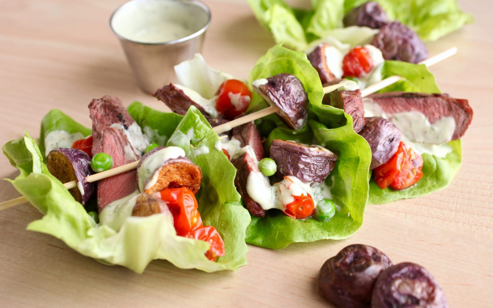 Steak and Blues Salad Boats with Dilly Avocado Ranch Dressing