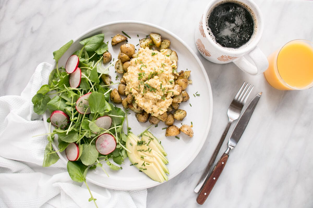 Soft Scrambled Eggs with Oven Roasted Potatoes