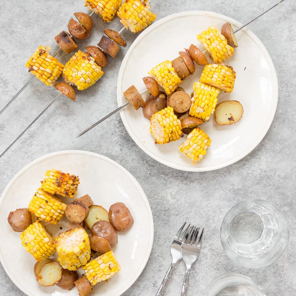 Cajun Potato, Corn, and Sausage Kebabs