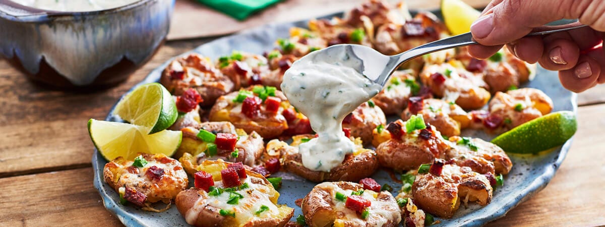 Smashed Potatoes with Chorizo, Jalapeños, and Lime