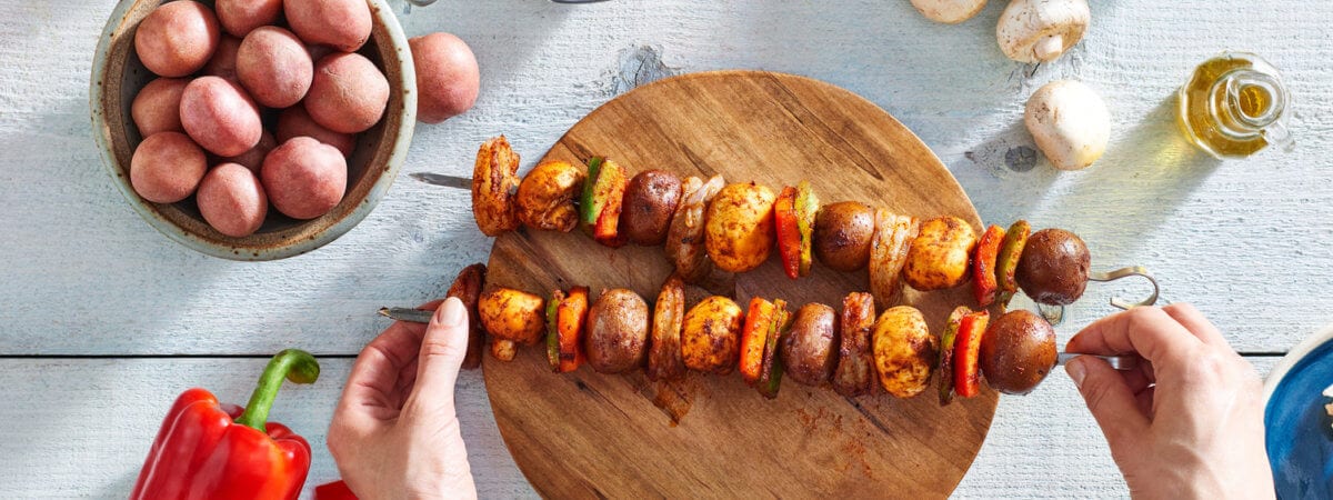 Mushroom, Pepper, and Shrimp Potato Skewers