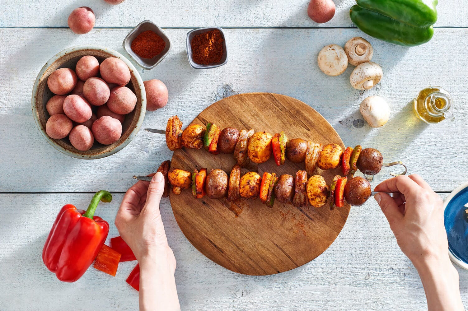 Mushroom, Pepper, and Shrimp Potato Skewers