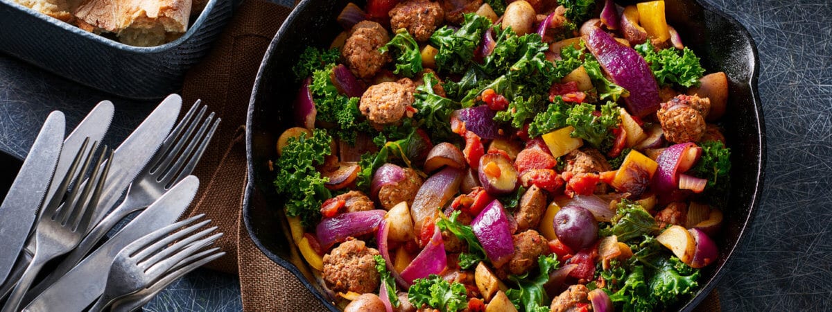 Terrific Trio Potatoes with Sausage, Kale, and Peppers