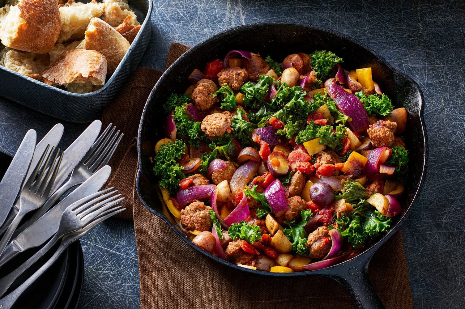 Terrific Trio Potatoes with Sausage, Kale, and Peppers