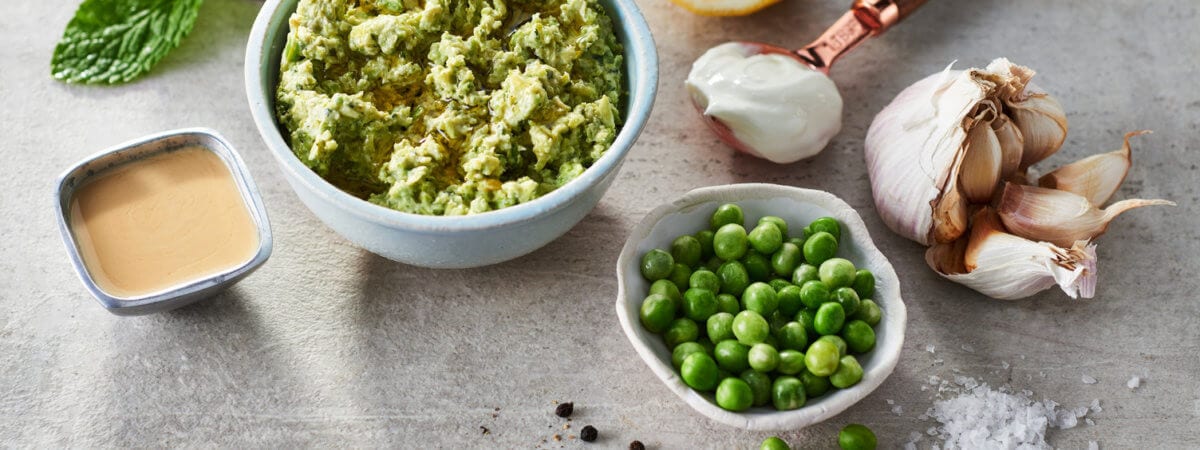 Smashed Potatoes with Green Peas and Mint Dip