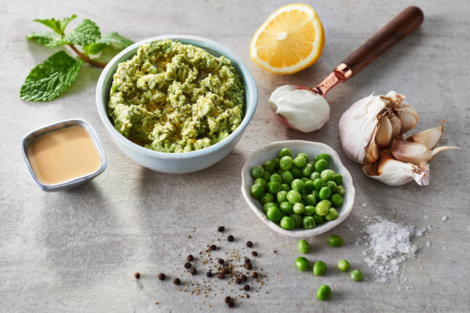 Smashed Potatoes with Green Peas and Mint Dip