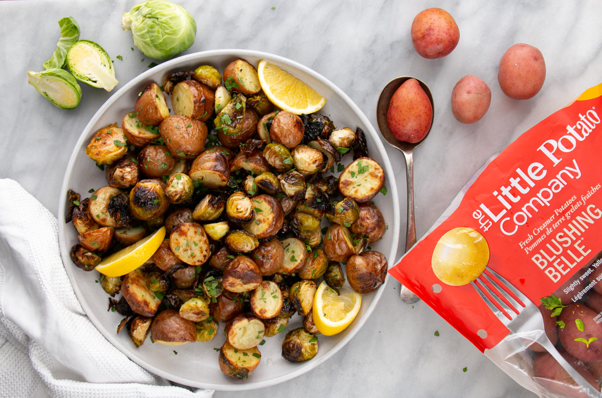 Lemony Roasted Potatoes and Brussels Sprouts