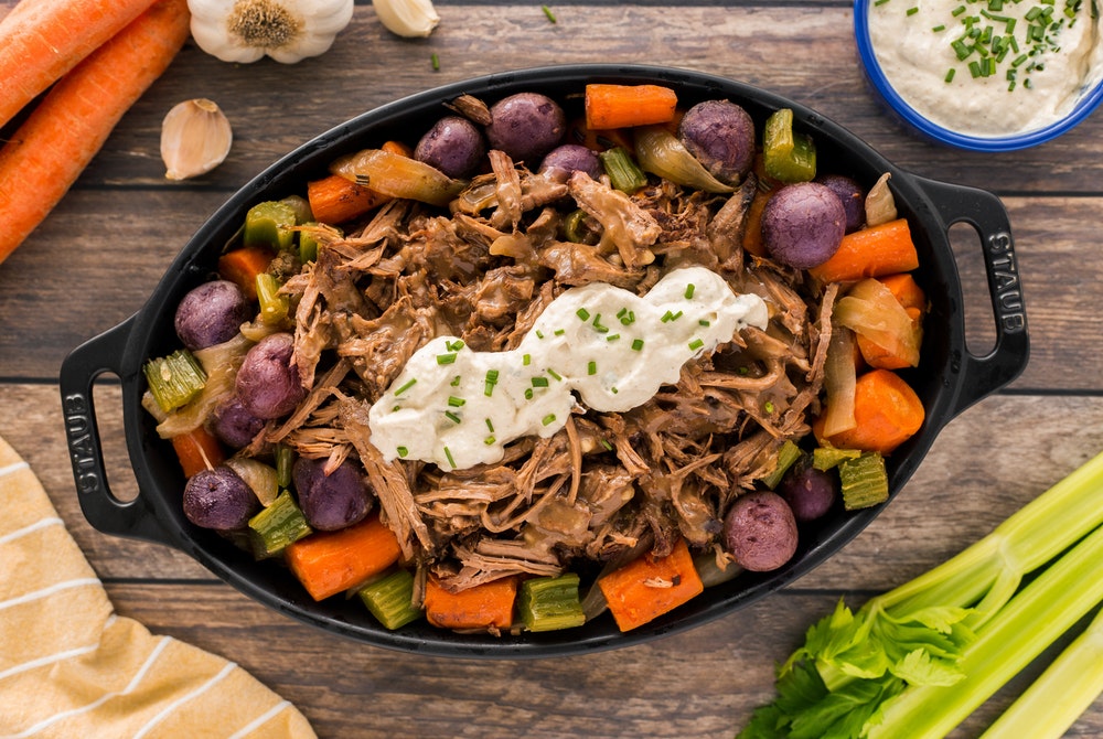 Slow Cooker Roast Beef and Potatoes with Horseradish Sauce